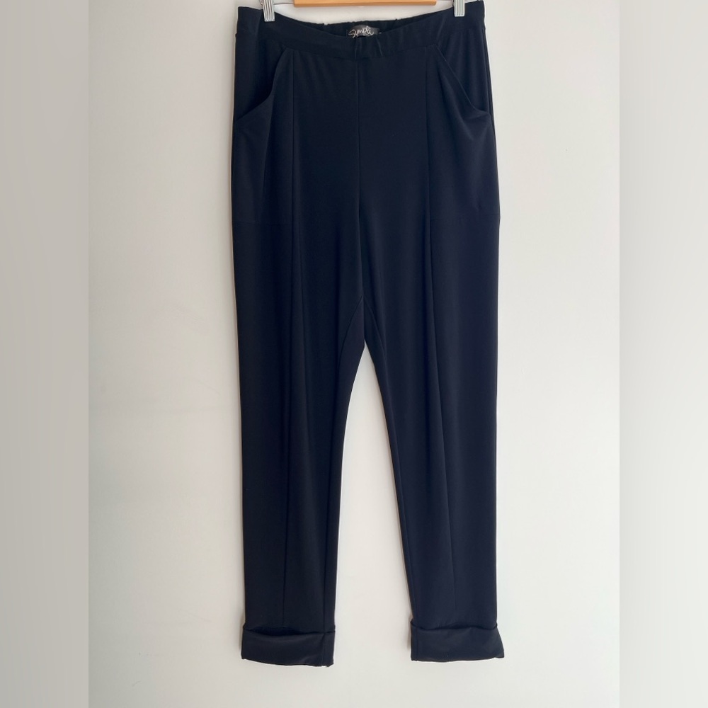 SYMPLI Black Slim Leg Cuffed Pant Pockets High Waist Travel Lagenlook Versatile